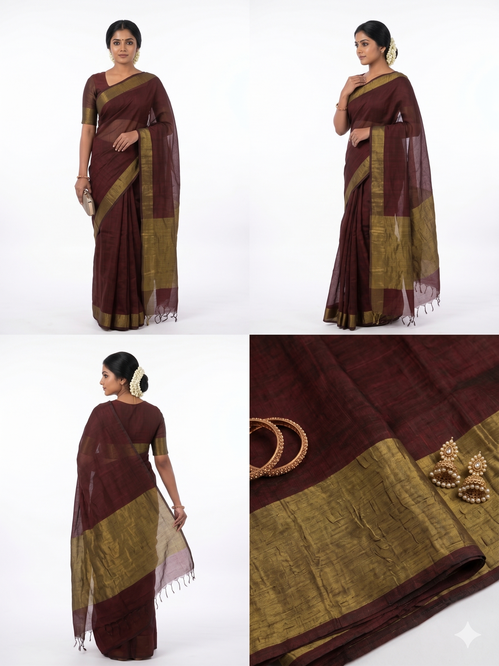 Dark Maroon Khadi Cotton Saree with Blouse Piece | Plain Weave | Nayanthara Style
