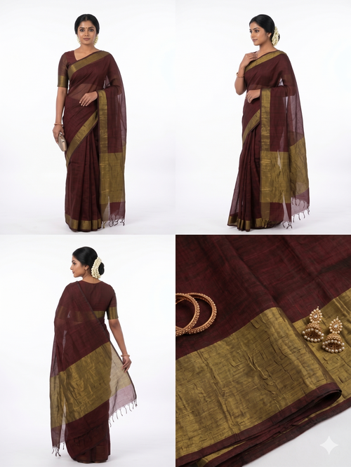 Dark Maroon Khadi Cotton Saree with Blouse Piece | Plain Weave | Nayanthara Style