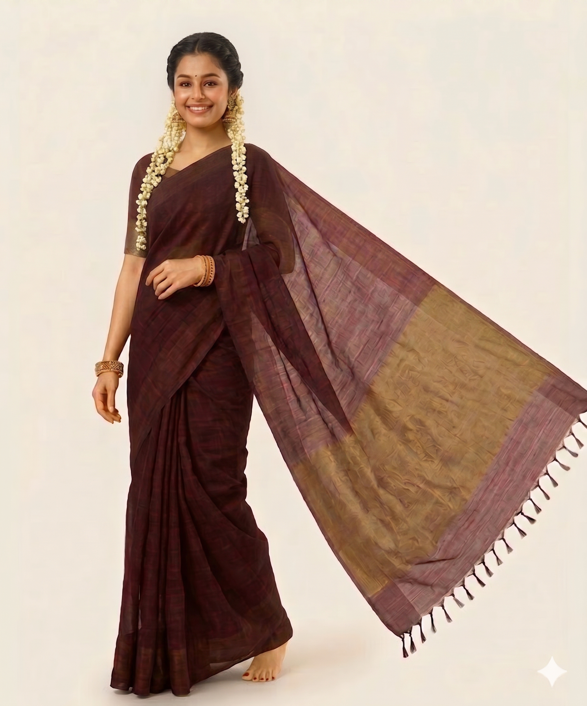 Dark Maroon Khadi Cotton Saree with Blouse Piece | Plain Weave | Nayanthara Style